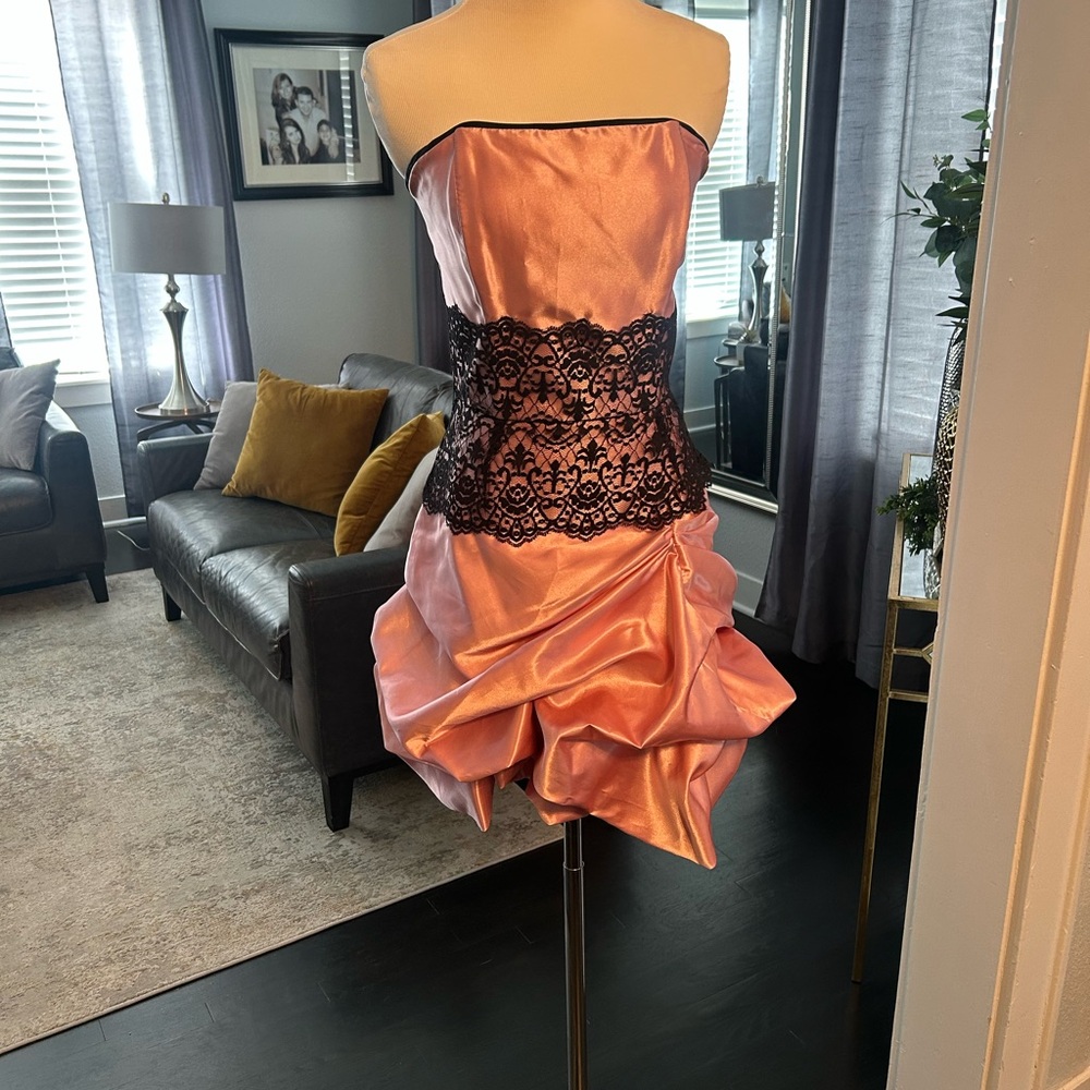 Jessica McClintock Strapless Pink Dress with Black Lace